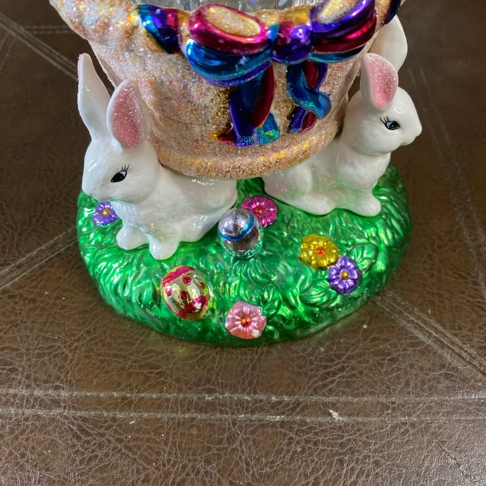 VINTAGE Christopher Radko Easter Bunny & Eggs Decorative Candy Dish 2004 Glitter